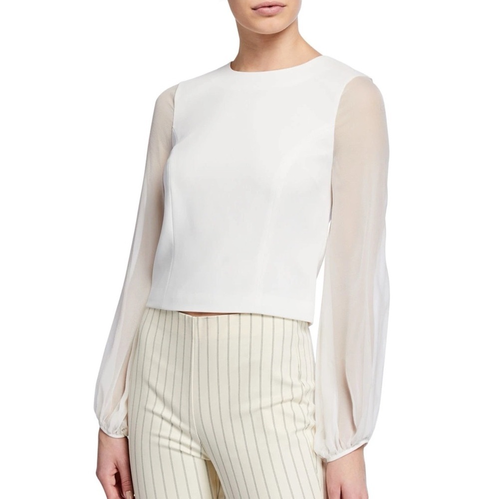 cinq a sept White Sheer-Sleeve Cropped Blouse